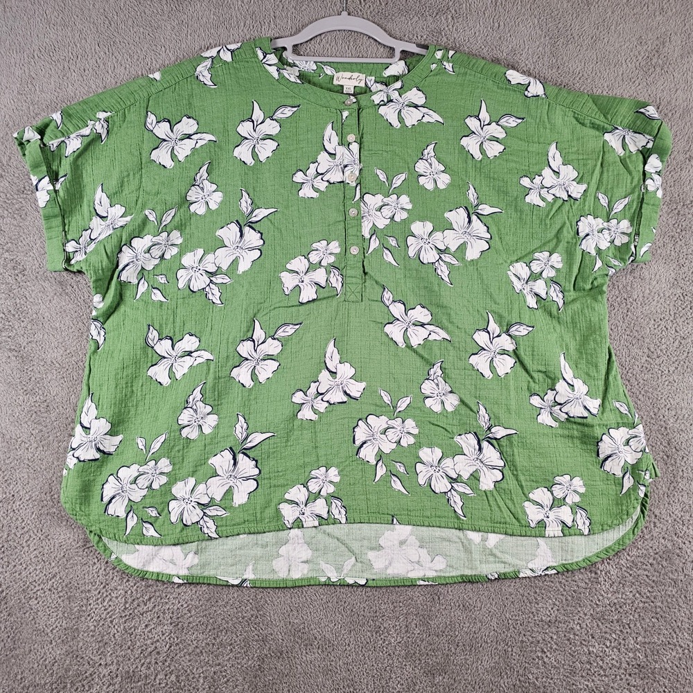 Wonderly Womens XXL Green Floral Cotton Gauze Short Sleeve Button Blouse Top